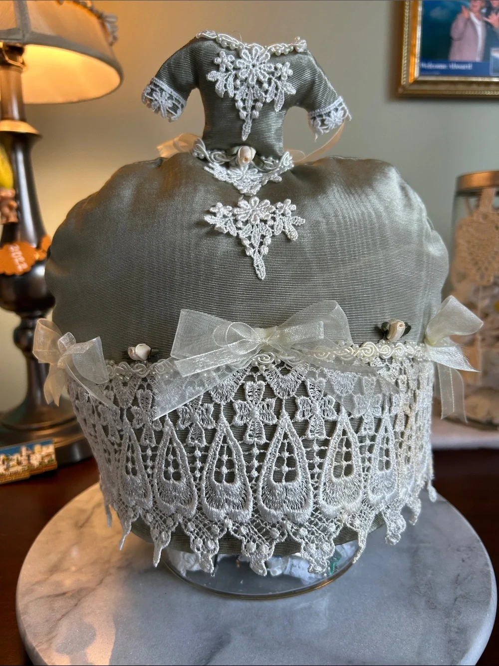 Tea pot cozy from Sweet Necessi Teas lace pearls satin bows roses formal.